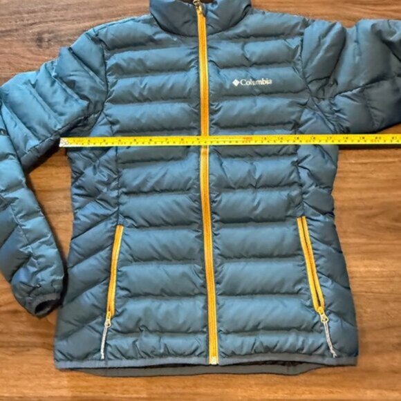 Columbia 650 Down Winter Jacket Women’s XS Blue with Yellow Zipper Puffer Coat - Picture 2 of 4